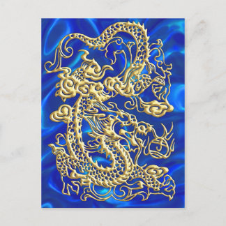 Cartão Postal Dragão Dourado Em Relevo