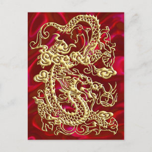 Cartão Postal Dragão Dourado embutido no Red Satin Impressão