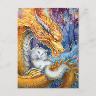 Cartão Postal Dragão Fiery e Gato Branco em Floresta Mística