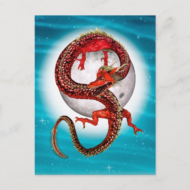Cartão Postal Dragão Lua Vermelha Arte de Fantasia Celestial (Frente)