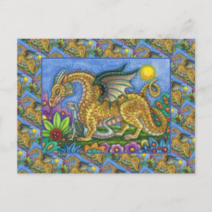 CARTÃO POSTAL DRAGÃO MEDIEVAL E JARDIM DE ARTE FOLK JOVEM E COL