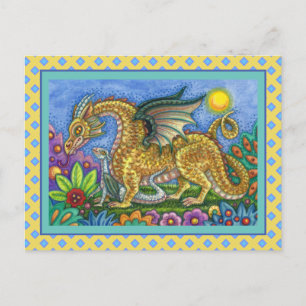 CARTÃO POSTAL DRAGÃO MEDIEVAL E JARDIM DE ARTE FOLK JOVEM E COLO