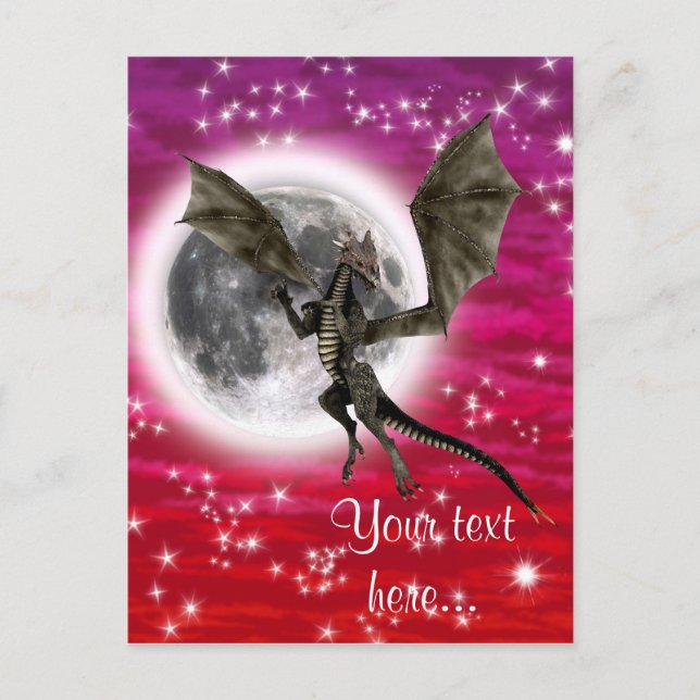 Cartão Postal Dragão Negro - Fantasia Mítica Cria Céu Vermelho (Frente)
