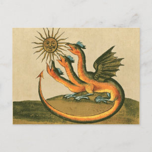 Cartão Postal Dragão ouro com Lua e Sépia Sol