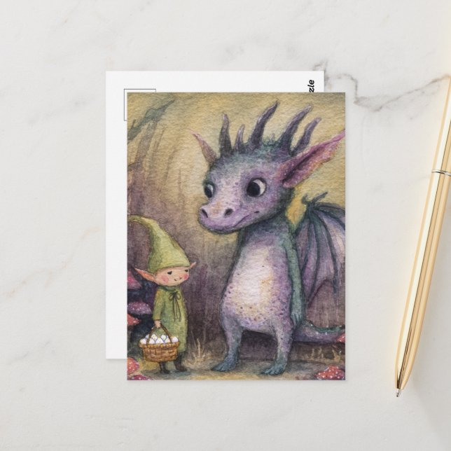Cartão Postal Dragão Roxo Bebê e Elfo Com Ovos (Frente/Verso In Situ)