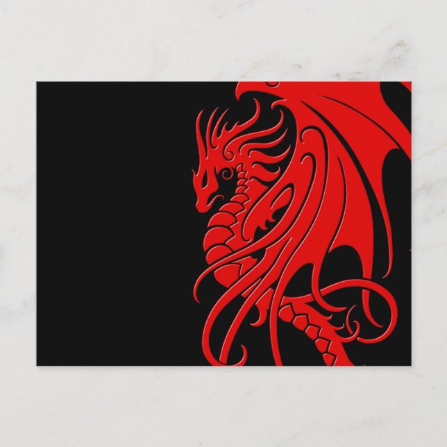 Cartão Postal Dragão Tribal Voador - vermelho em preto (Frente)