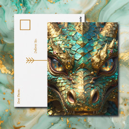 Cartão Postal Dragão Turquesa e Dourado | Mantendo Contato