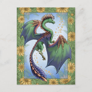 Cartão Postal Dragão Verde do Verão Arte Fantástica da Natureza