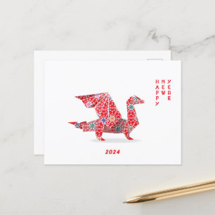Cartão Postal Dragão Vermelho Origami, 2024, Ano Novo Chinês