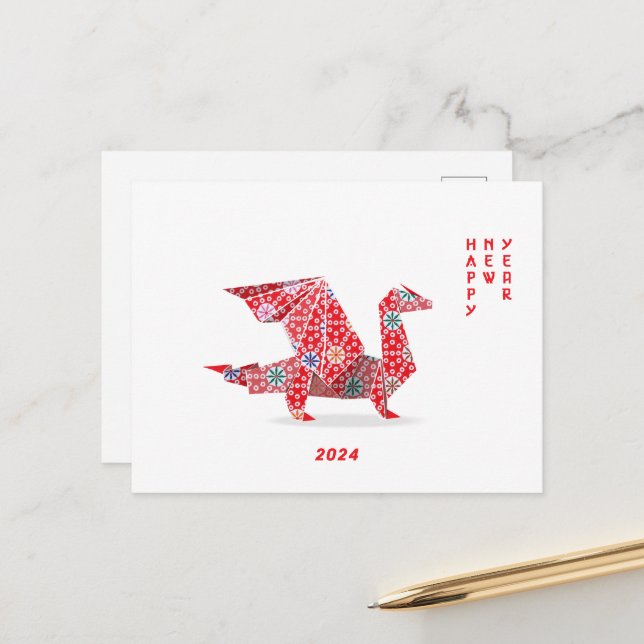 Cartão Postal Dragão Vermelho Origami, 2024, Ano Novo Chinês (Frente/Verso In Situ)