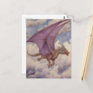 Cartão Postal Dragão Vintage Asas Roxas Aquarela em Nuvens