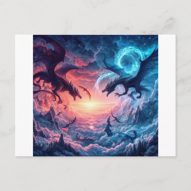 Cartão Postal Dragões engajados em batalha sobre um místico (Frente)