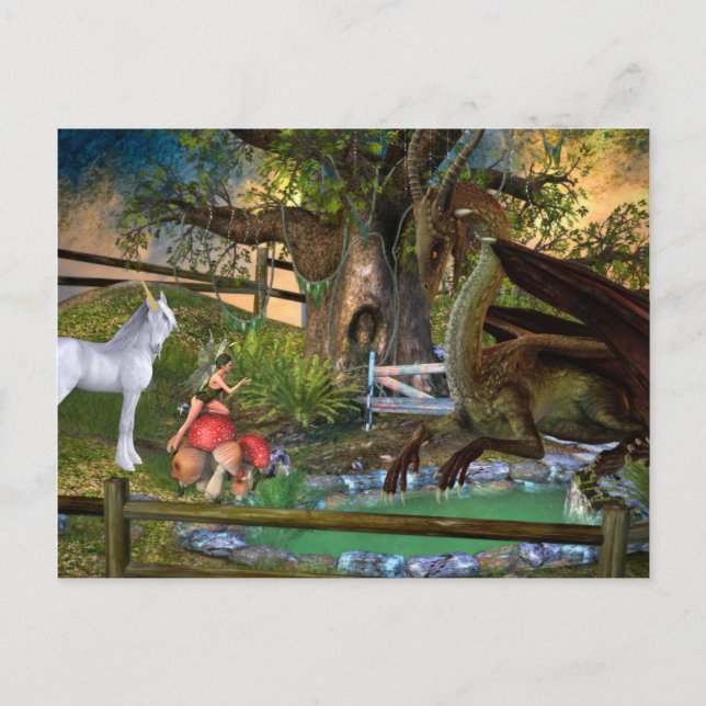 Cartão Postal Dragon Elf Fairy Unicorn Fantasy Landscape (Frente)