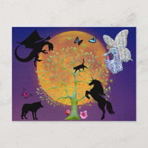 Cartão Postal Dragon Fairy Unicorn Fantasy Tree e Full Moon 