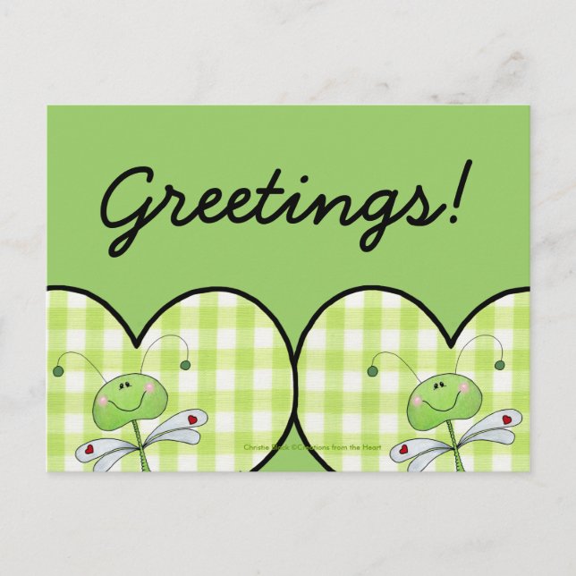 Cartão Postal Dragon Fly em um coração verde de gingham (Frente)