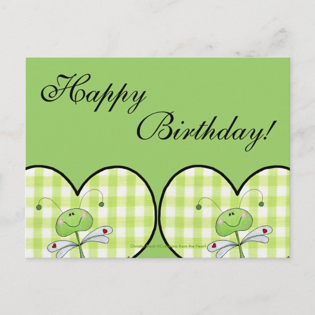 Cartão Postal Dragon Fly em um coração verde de gingham (Frente)