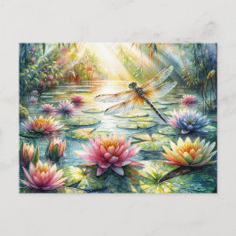 Cartão Postal Dragonfly Above Pond Watercolor