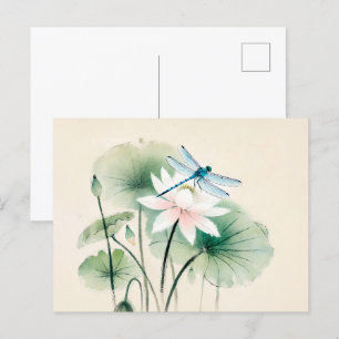 Cartão Postal Dragonfly de Tinta Chinesa no Lotus