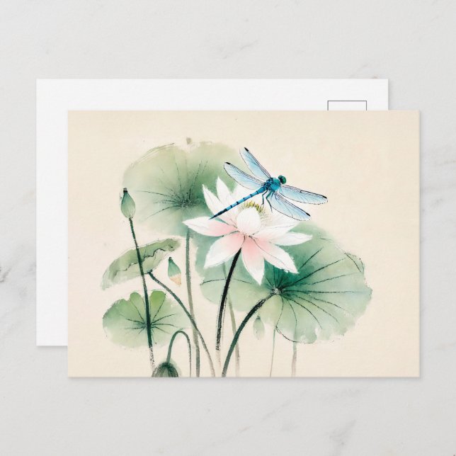 Cartão Postal Dragonfly de Tinta Chinesa no Lotus (Frente/Verso)
