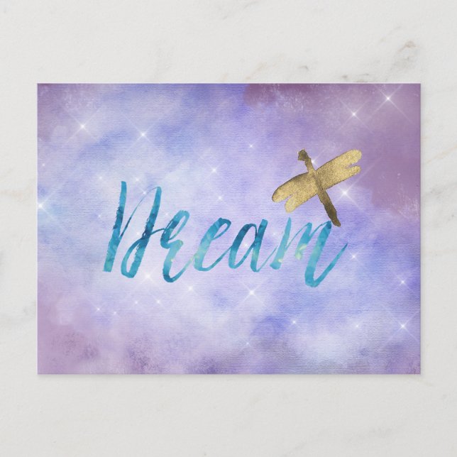 Cartão Postal Dragonfly Dourada do Sonho de Água Roxo (Frente)