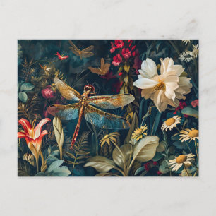 Cartão Postal Dragonfly em um jardim com Daisies e Lily Illu