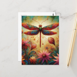 Cartão Postal Dragonfly Floral Abstrato-Art Teal Rosa