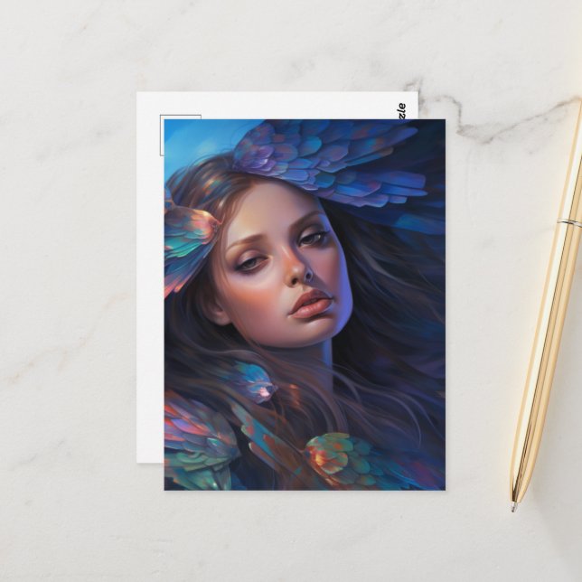 Cartão Postal Dreamgo Indigo Blue Butterfly Wings Fantasy Mulher (Frente/Verso In Situ)