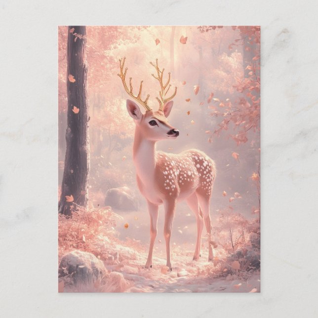 Cartão Postal Dreamwn Fawn em Florestas de outono Rosa (Frente)