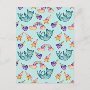 Cartão Postal Dreamy Cat Flutuando no Padrão de Aquarela do Cé