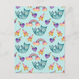 Cartão Postal Dreamy Cat Flutuando no Padrão de Aquarela do Céu