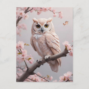 Cartão Postal Dreamy Pink Cherry Blossoms Owl
