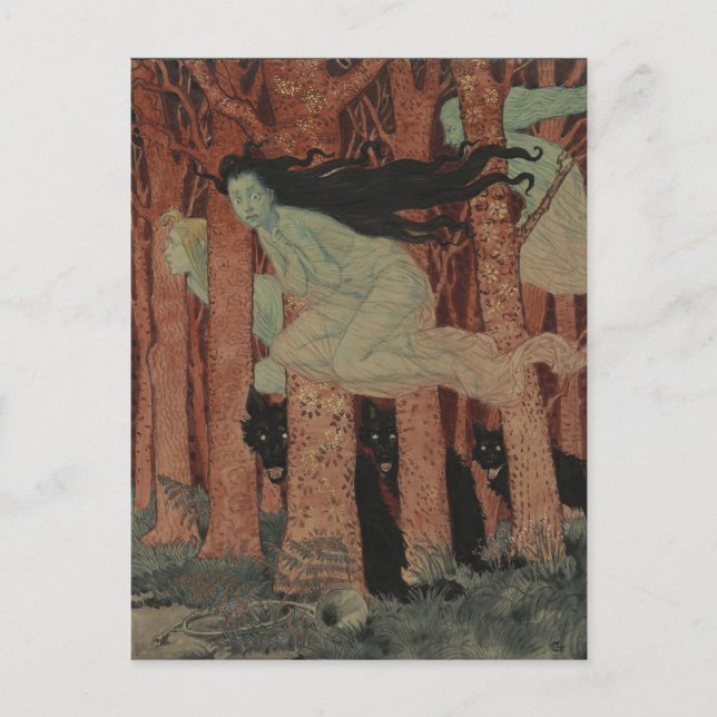 Cartão Postal Drei Frauen und drei Wölfe Eugène Grasset (Frente)