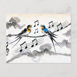 Cartão Postal Duas andorinhas cantando em uma linha elétrica em 