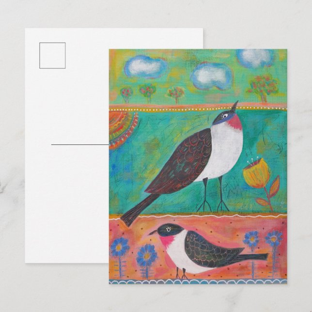Cartão Postal Duas Aves e Flores (Frente/Verso)