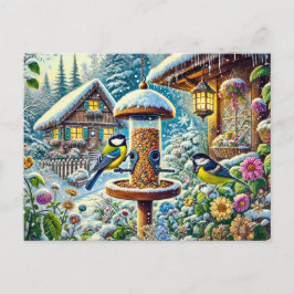 Cartão Postal Duas aves-Excelente no alimentador no inverno