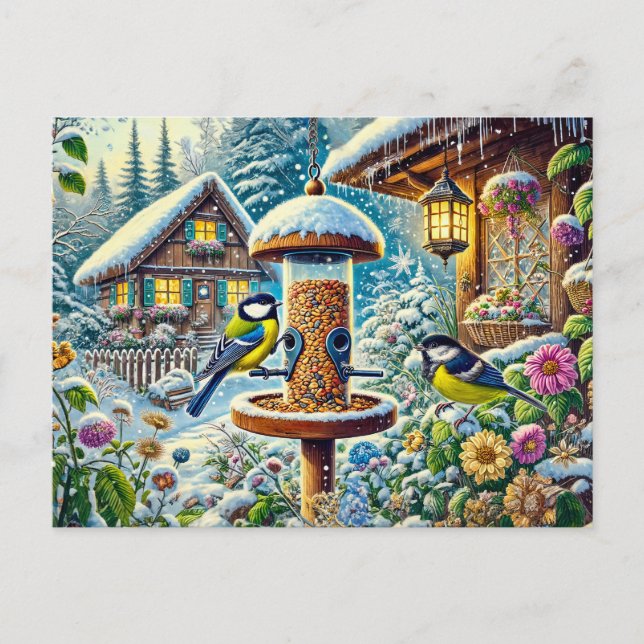 Cartão Postal Duas aves-Excelente no alimentador no inverno (Frente)