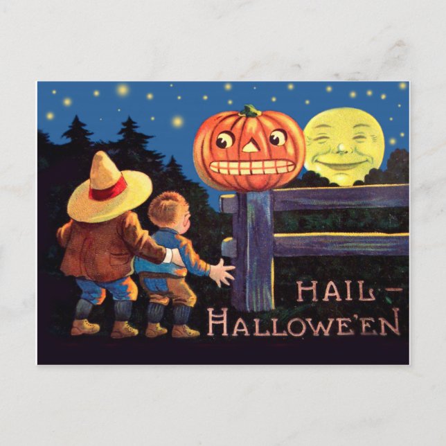 Cartão Postal Duas crianças assustadas na noite de Halloween (Frente)