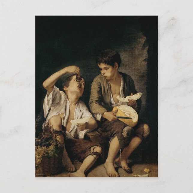 Cartão Postal Duas crianças que comem um melão e as uvas, (Frente)