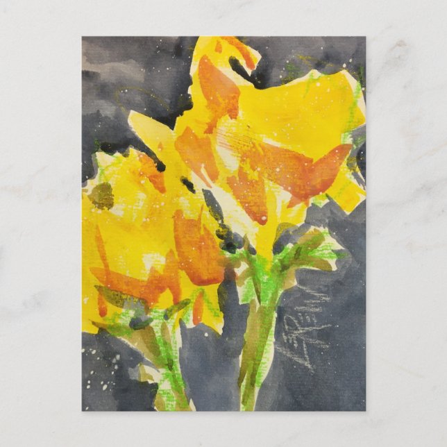 Cartão Postal Duas Flores Amarelas Crayon Resist Painting #24110 (Frente)