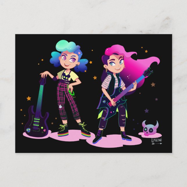 Cartão Postal Duas garotas jogam violão (Frente)