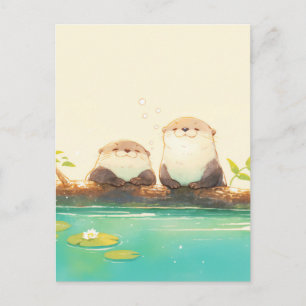 Cartão Postal Duas Lontras Felizes em Tronco de Verão