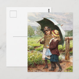 Cartão Postal Duas Meninas Antigas sob um Guarda-Chuva
