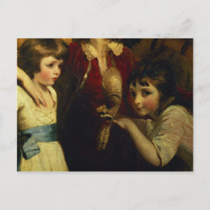 Cartão Postal Duas Meninas, Uma Brincando com uma Máscara, detal