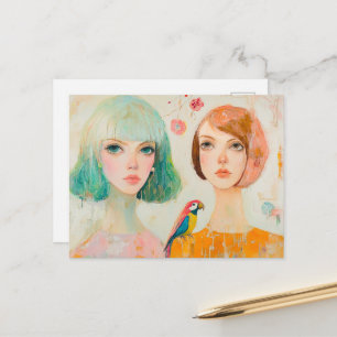 Cartão Postal Duas Mulheres e um Papagaio