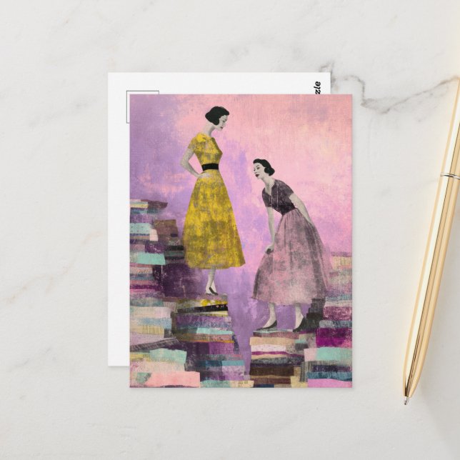 Cartão Postal Duas Mulheres Misturam Colagem de Mídia (Frente/Verso In Situ)
