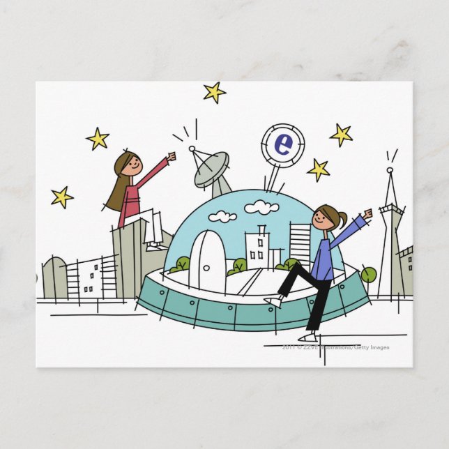 Cartão Postal Duas mulheres sentadas em cima de uma cidade (Frente)