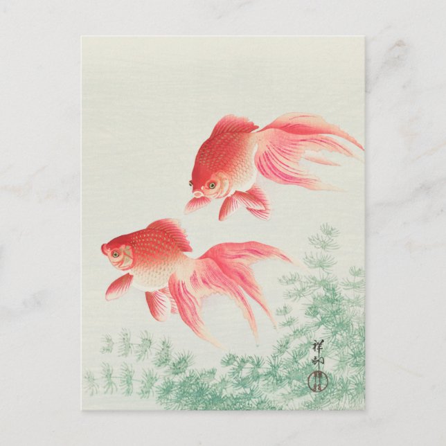 Cartão Postal Duas Pinturas de Veil Goldfish de Ohara Koson (Frente)