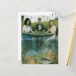 Cartão Postal Duas Sereias Surrealistas e um Homem em Pintura de