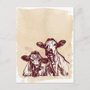 Cartão Postal Duas vacas: esboço manual do desenhar e vinheta aq
