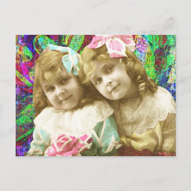 Cartão Postal Duas Vintage Pequenas Meninas Arte Digital (Frente)